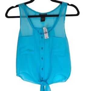 WET SEAL Ocean Blue‎ Racerback Tie Front Sheer Button Fromt Blouse, Small NEW